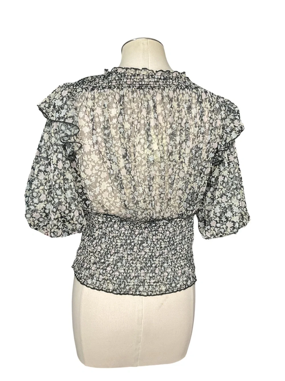 Free People NWT Floral Smocked Peplum Blouse Black Ivory Size M